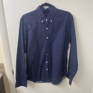 JCrew dress button down. Blue with white and red spots. Medium